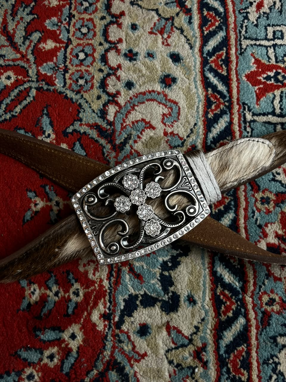 Western Hair on Hide Leather Belt Rhinestone Cross Buckle Rodeo Boho
