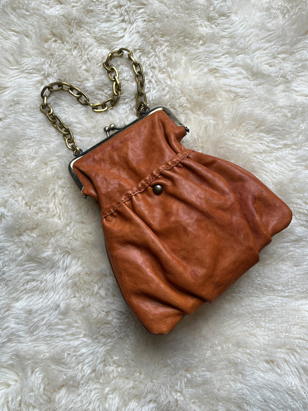Vintage Cognac Brown Leather Kisslock Frame Evening Bag Chain Wristlet Purse