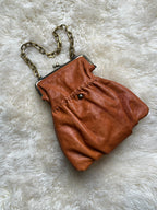 Vintage Cognac Brown Leather Kisslock Frame Evening Bag Chain Wristlet Purse