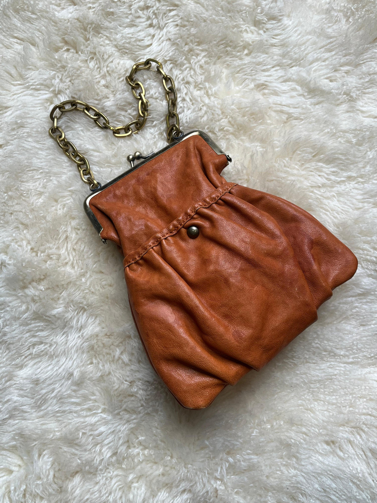 Vintage Cognac Brown Leather Kisslock Frame Evening Bag Chain Wristlet Purse