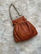 Vintage Cognac Brown Leather Kisslock Frame Evening Bag Chain Wristlet Purse