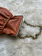 Vintage Cognac Brown Leather Kisslock Frame Evening Bag Chain Wristlet Purse