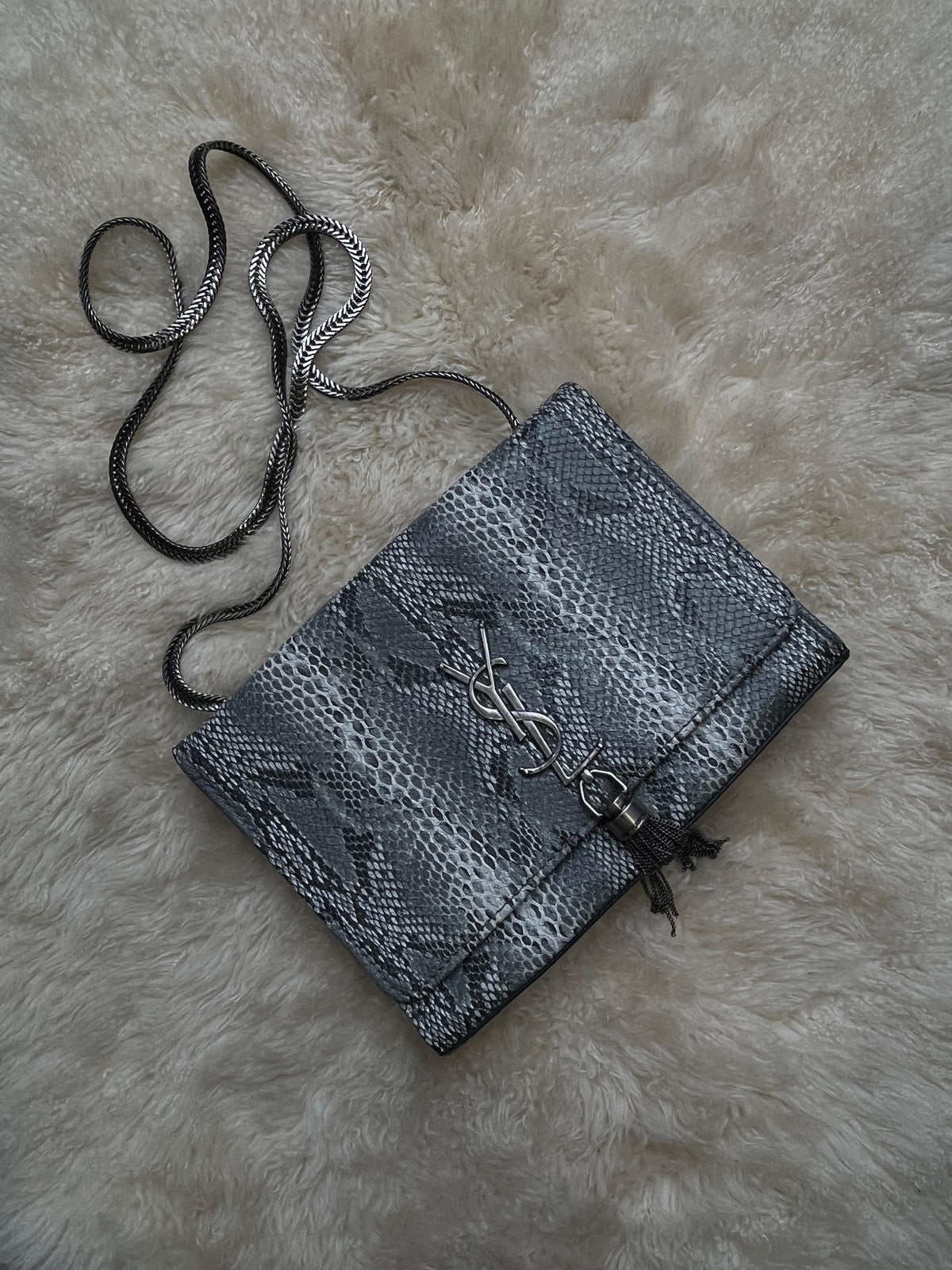 YSL Saint Laurent Kate Small Chain Shoulder Bag Grey Python Print Metal Tassel