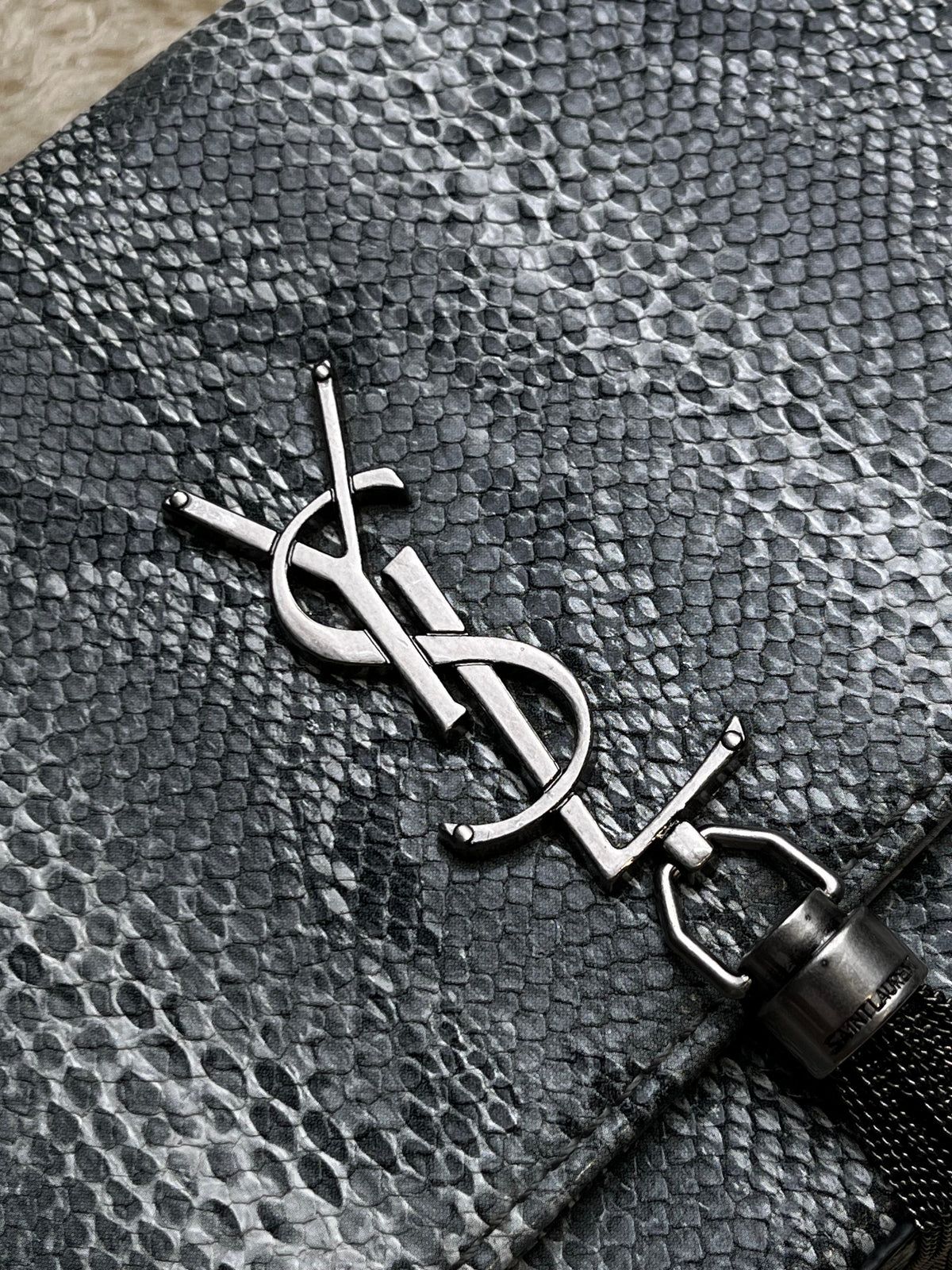 YSL Saint Laurent Kate Small Chain Shoulder Bag Grey Python Print Metal Tassel