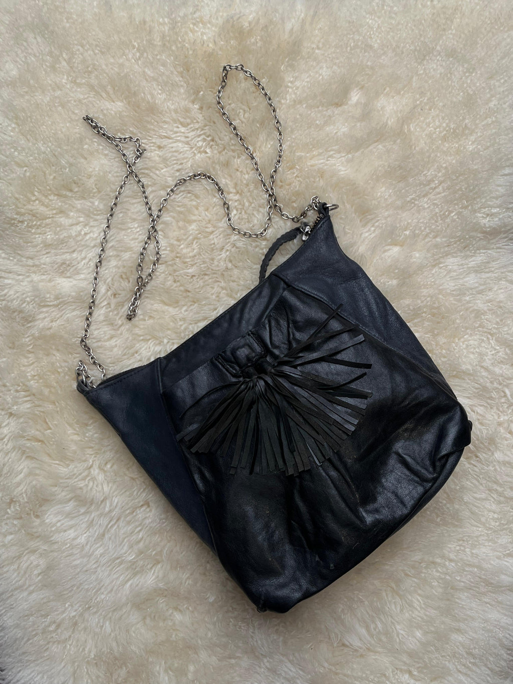 Black Soft Leather Fringe Tassel Crossbody Bag Silver Chain Boho Purse
