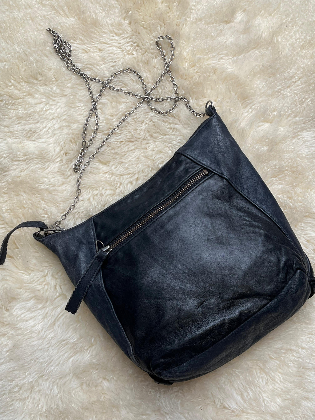 Black Soft Leather Fringe Tassel Crossbody Bag Silver Chain Boho Purse