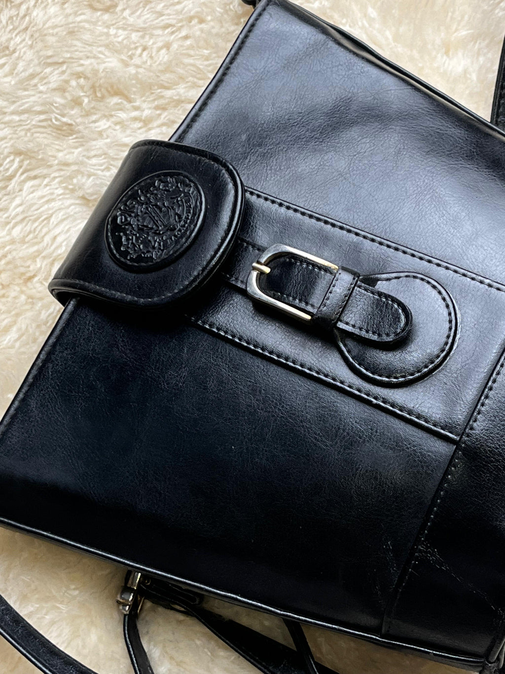 Vintage 90s Bagatique Black Structured Bucket Crossbody Bag Crest Buckle Flap
