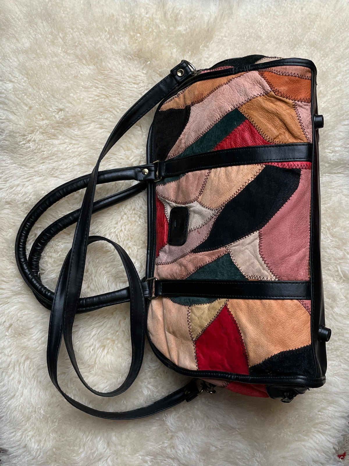 Vintage1980s Lilly Multicolor Patchwork Leather Shoulder Bag Barrel Satchel Purse