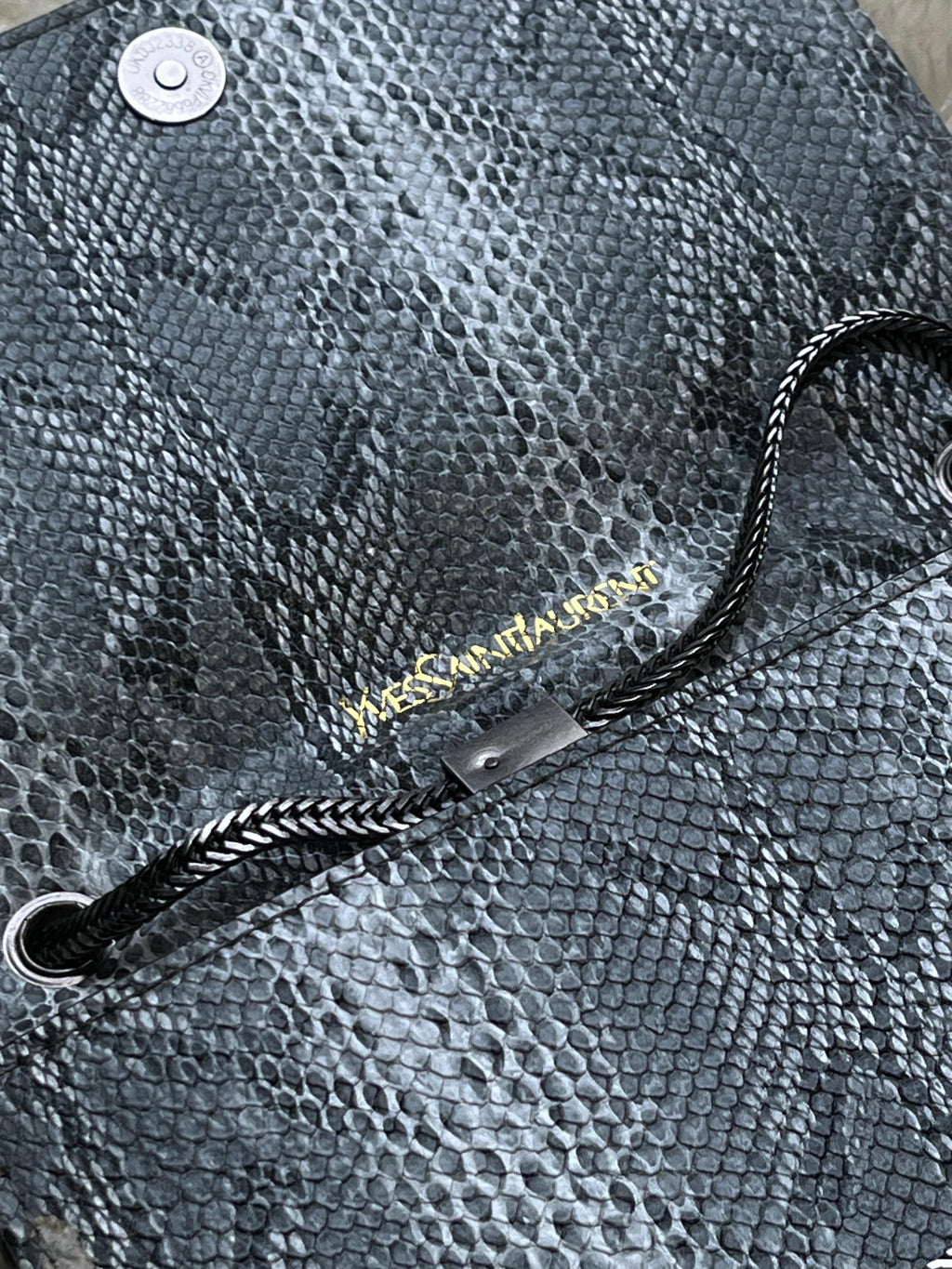 YSL Saint Laurent Kate Small Chain Shoulder Bag Grey Python Print Metal Tassel