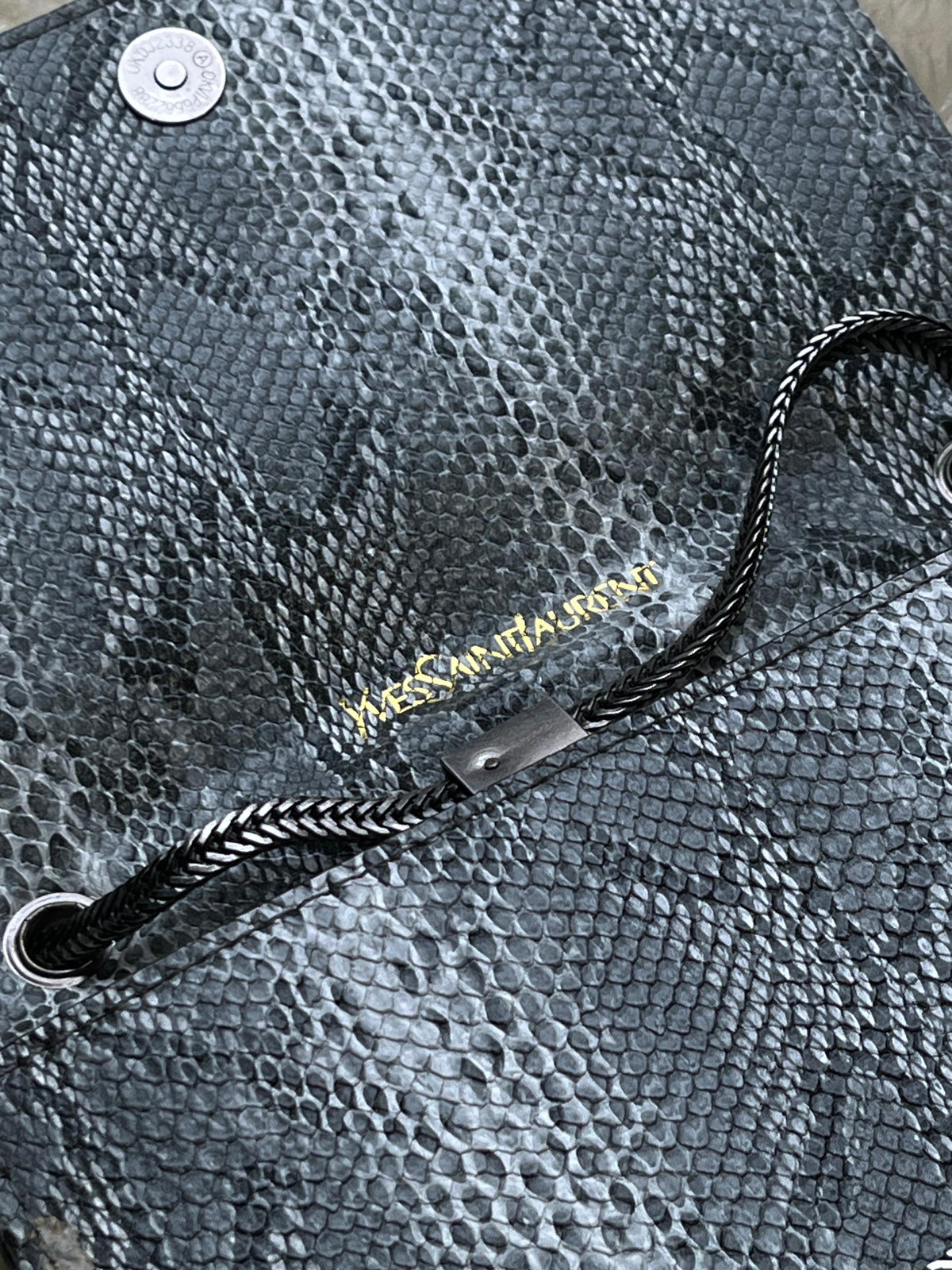 YSL Saint Laurent Kate Small Chain Shoulder Bag Grey Python Print Metal Tassel
