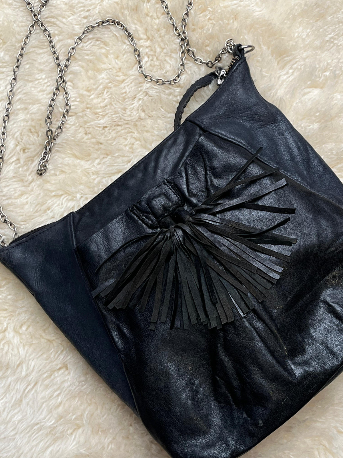 Black Soft Leather Fringe Tassel Crossbody Bag Silver Chain Boho Purse