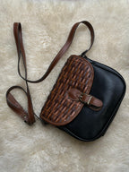 Vintage Two Tone Leather Saddle Crossbody Bag Woven Flap Black Brown Boho Purse