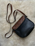 Vintage Two Tone Leather Saddle Crossbody Bag Woven Flap Black Brown Boho Purse