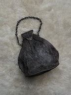 Two Nine Vintage Crinkled Distressed Leather Kiss Lock Chain Handle Bucket Purse