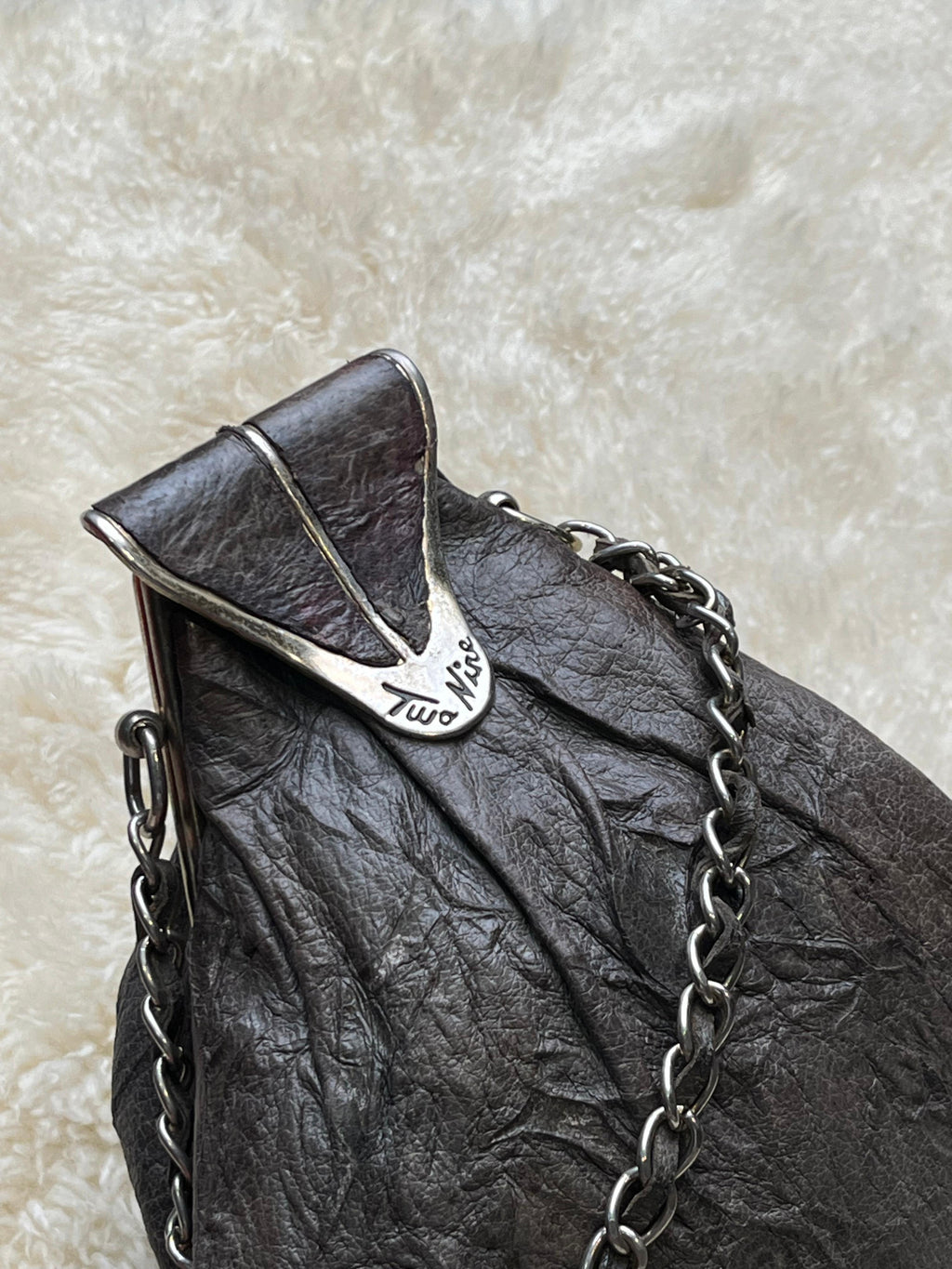 Two Nine Vintage Crinkled Distressed Leather Kiss Lock Chain Handle Bucket Purse