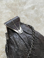 Two Nine Vintage Crinkled Distressed Leather Kiss Lock Chain Handle Bucket Purse