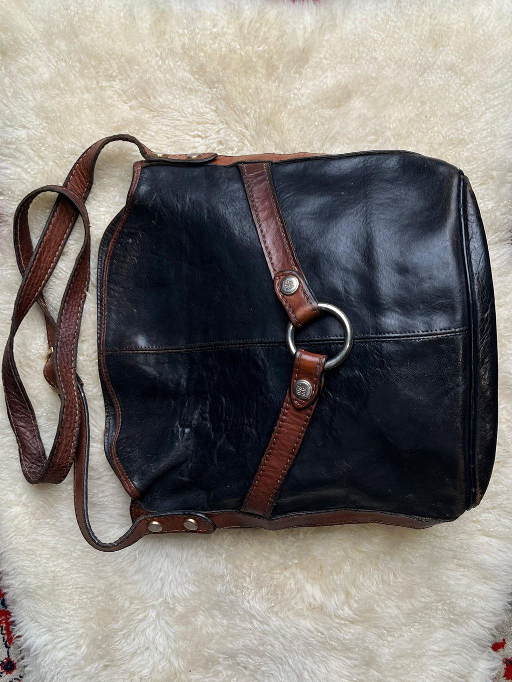 Vintage Two Tone Leather Bucket Bag Black Brown Ring Flap Crossbody Purse