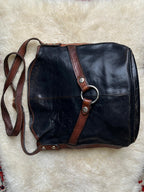 Vintage Two Tone Leather Bucket Bag Black Brown Ring Flap Crossbody Purse