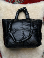 Black Quilted Puffer Tote Bag Large Padded Pillow Nylon Shoulder Handbag Purse