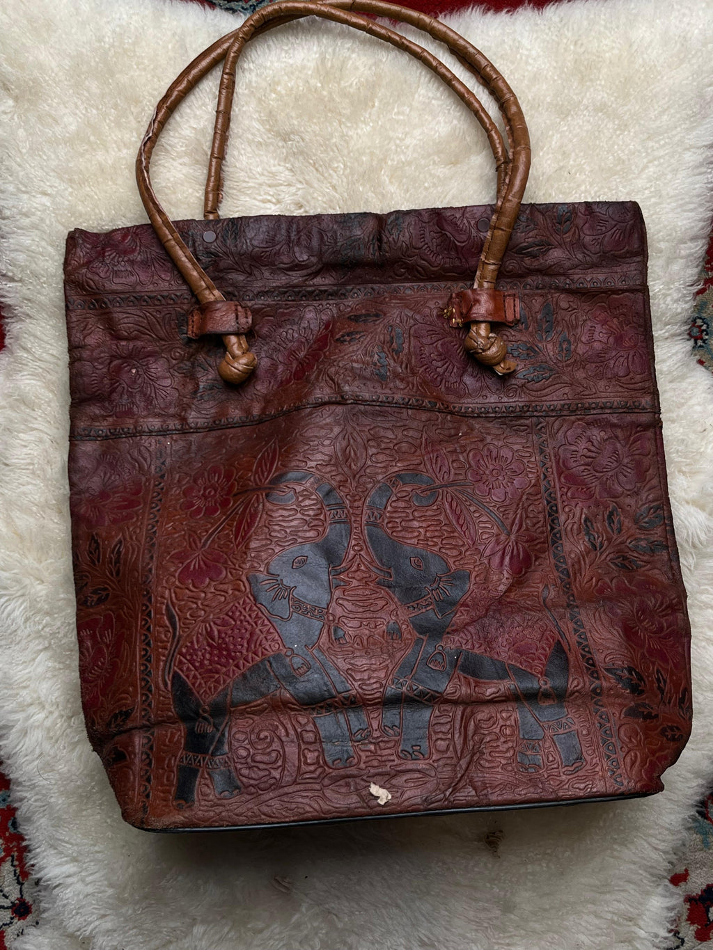 Vintage Hand Tooled Leather Elephant Tote Bag Floral Embossed
