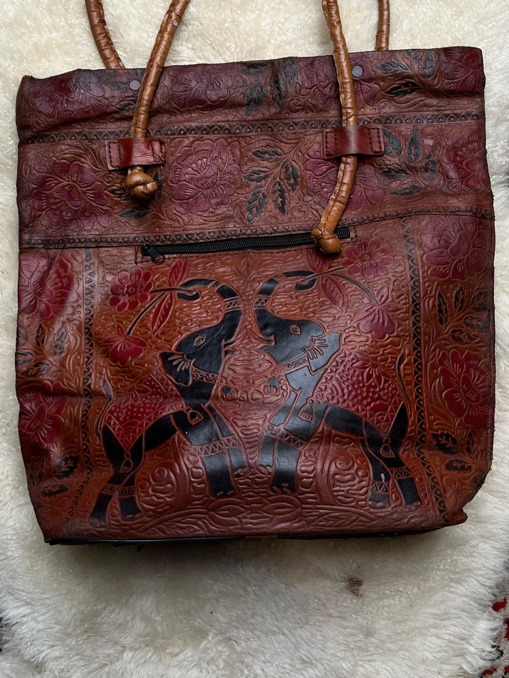 Vintage Hand Tooled Leather Elephant Tote Bag Floral Embossed