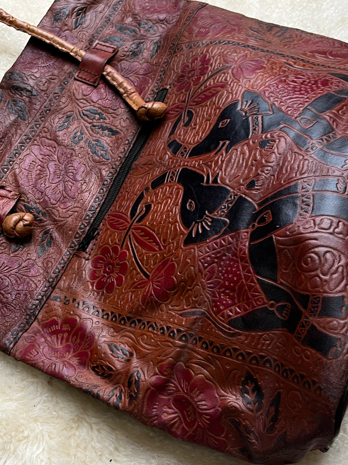 Vintage Hand Tooled Leather Elephant Tote Bag Floral Embossed