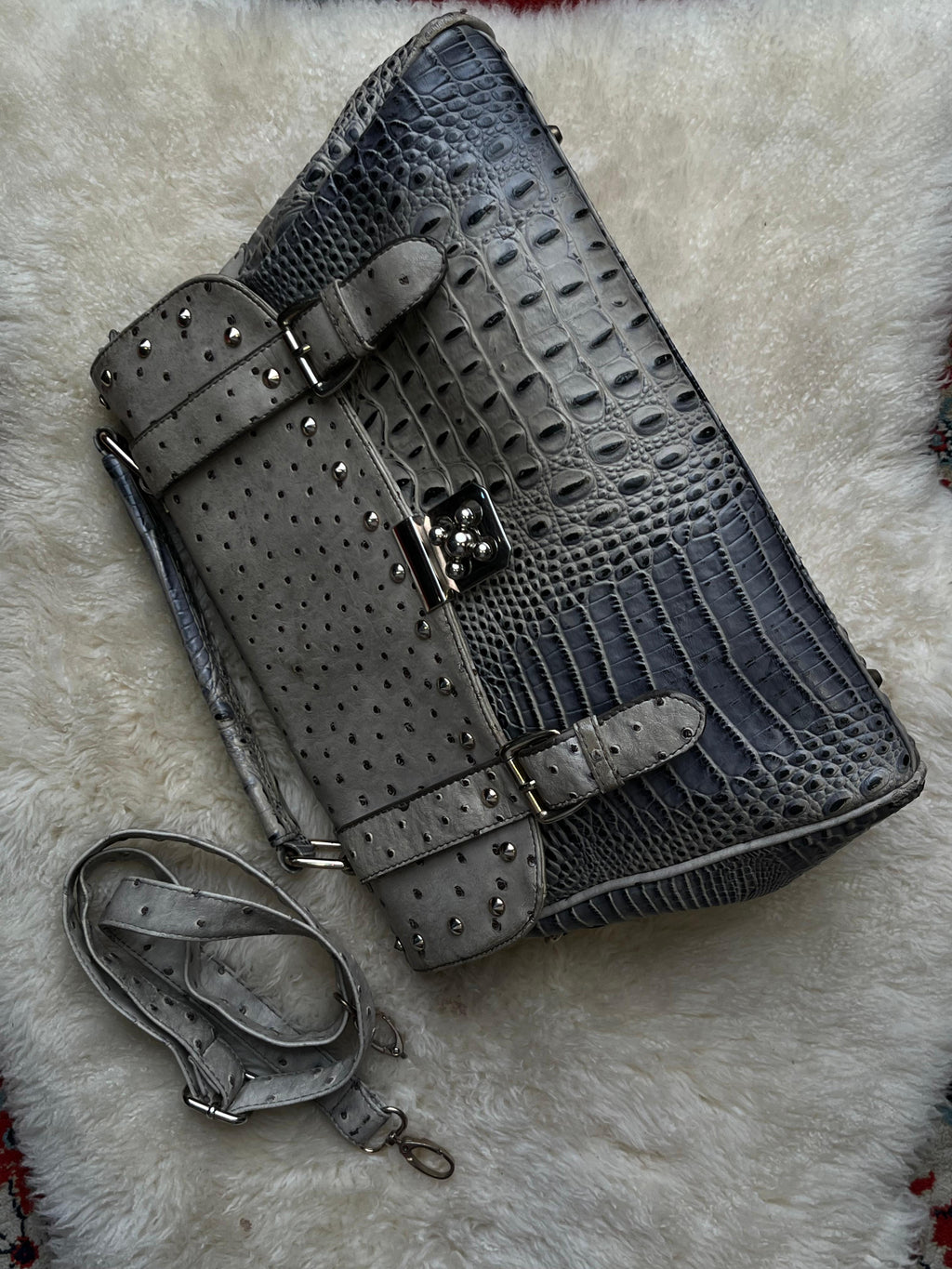 Grey Croc Ostrich Embossed Faux Leather Satchel Studded Flap Crossbody Purse Bag