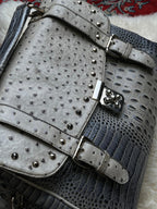 Grey Croc Ostrich Embossed Faux Leather Satchel Studded Flap Crossbody Purse Bag