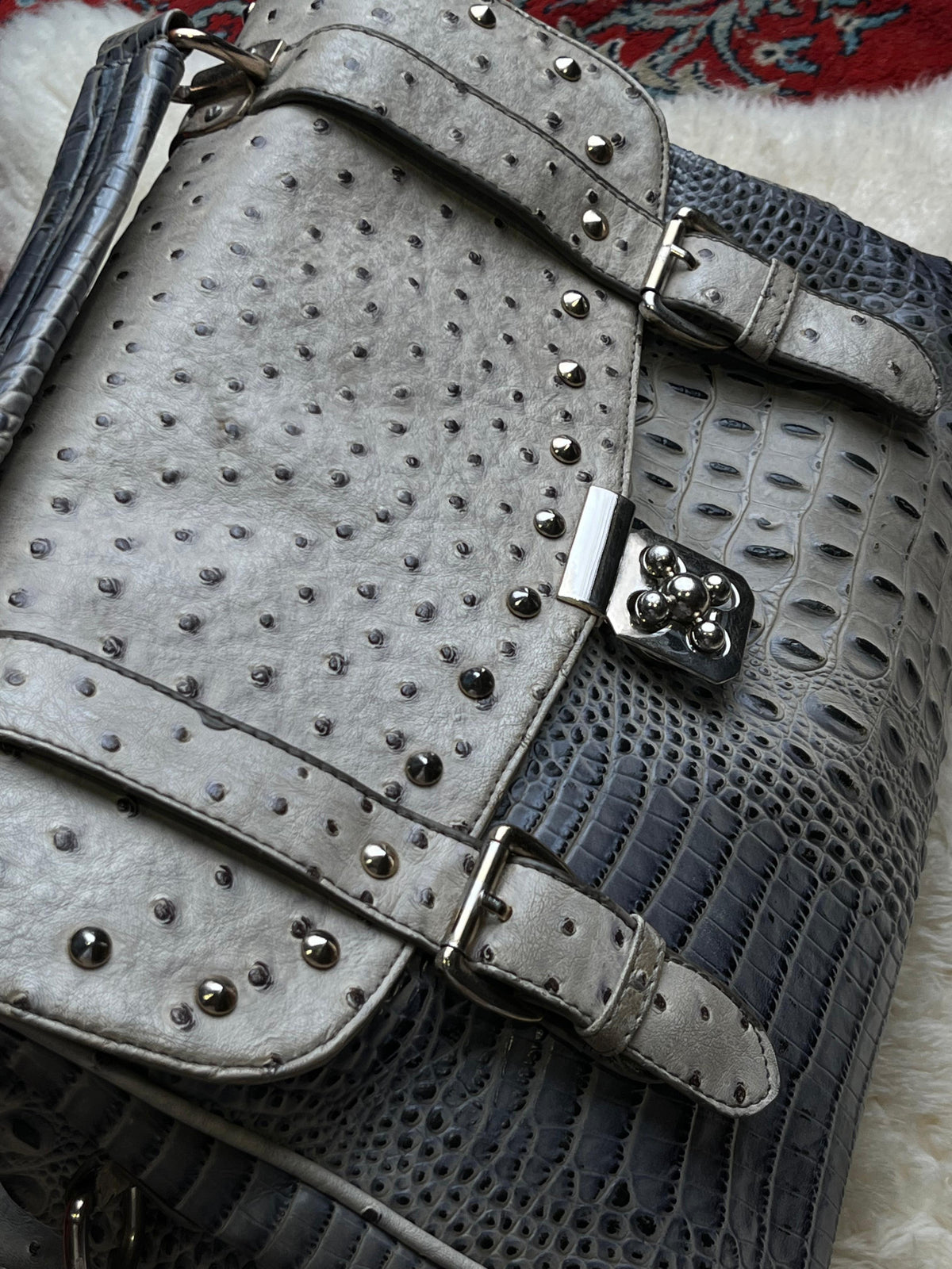 Grey Croc Ostrich Embossed Faux Leather Satchel Studded Flap Crossbody Purse Bag