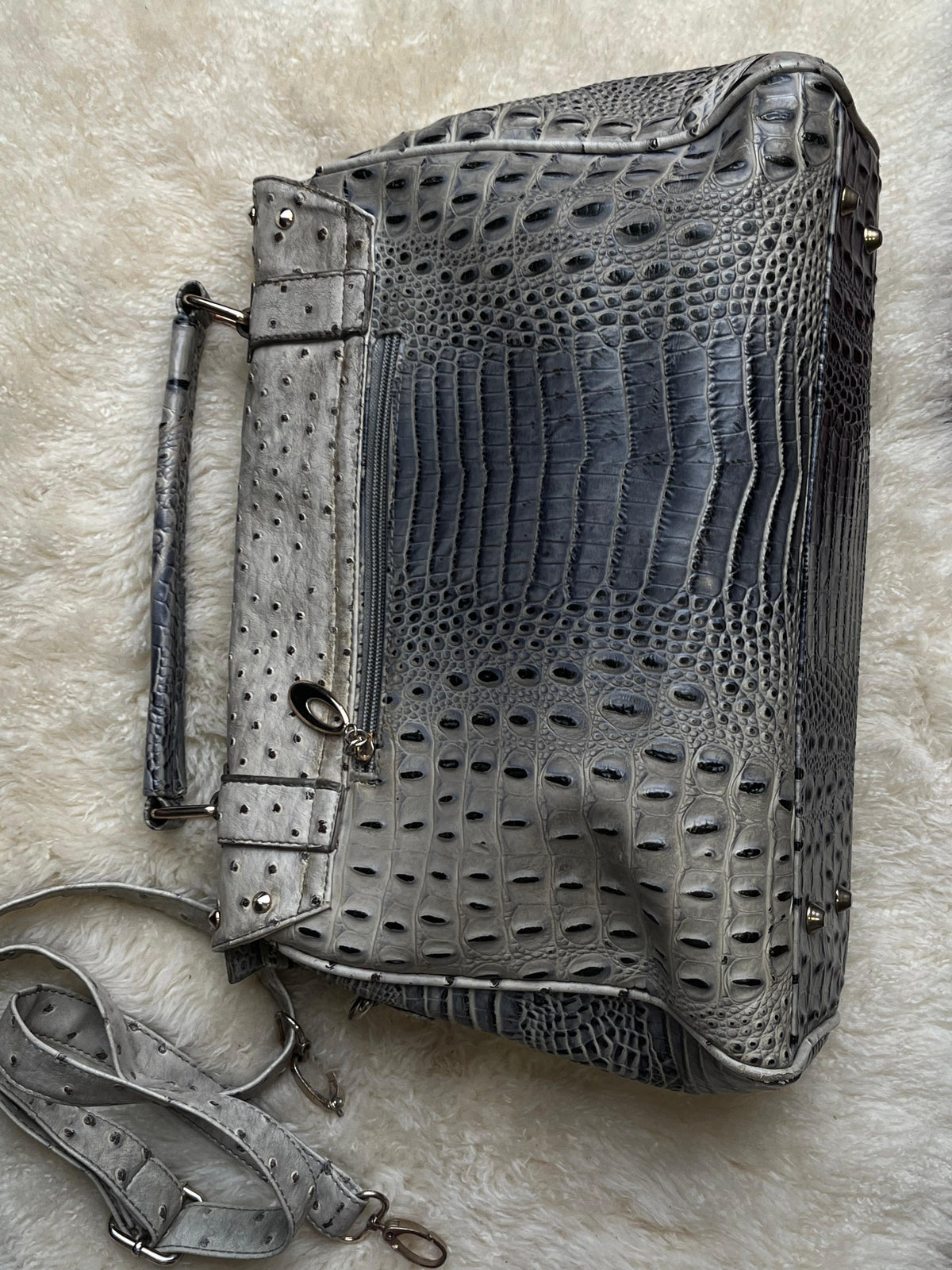 Grey Croc Ostrich Embossed Faux Leather Satchel Studded Flap Crossbody Purse Bag