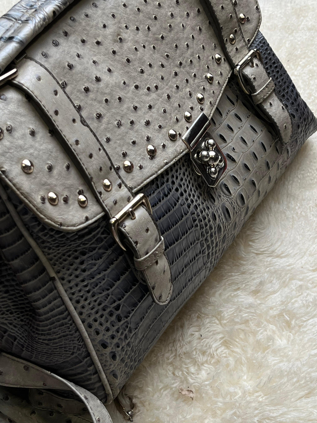 Grey Croc Ostrich Embossed Faux Leather Satchel Studded Flap Crossbody Purse Bag