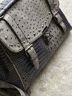 Grey Croc Ostrich Embossed Faux Leather Satchel Studded Flap Crossbody Purse Bag