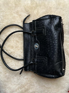 Black Ostrich Embossed Satchel Shoulder Bag Turnlock Hardware Purse Handbag