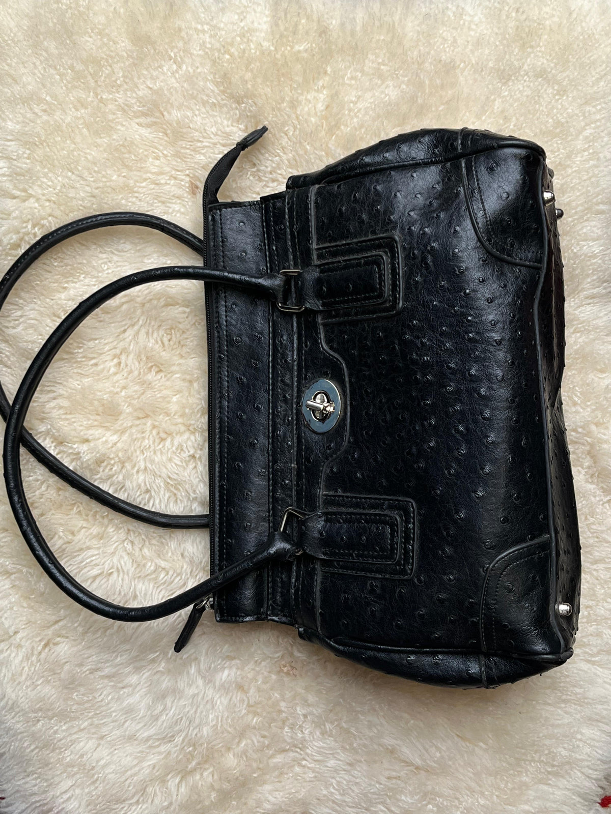 Black Ostrich Embossed Satchel Shoulder Bag Turnlock Hardware Purse Handbag