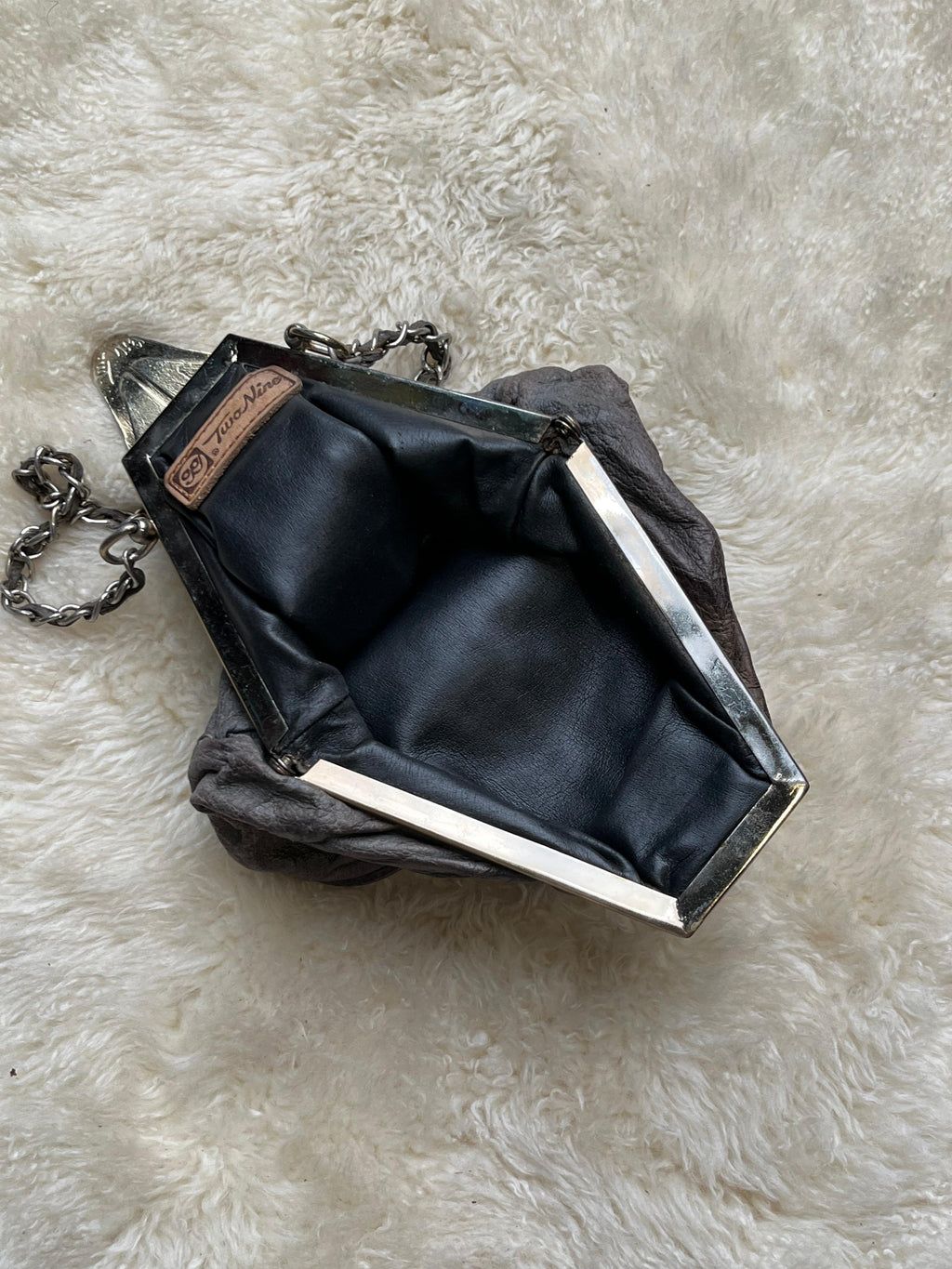 Two Nine Vintage Crinkled Distressed Leather Kiss Lock Chain Handle Bucket Purse