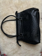 Black Ostrich Embossed Satchel Shoulder Bag Turnlock Hardware Purse Handbag