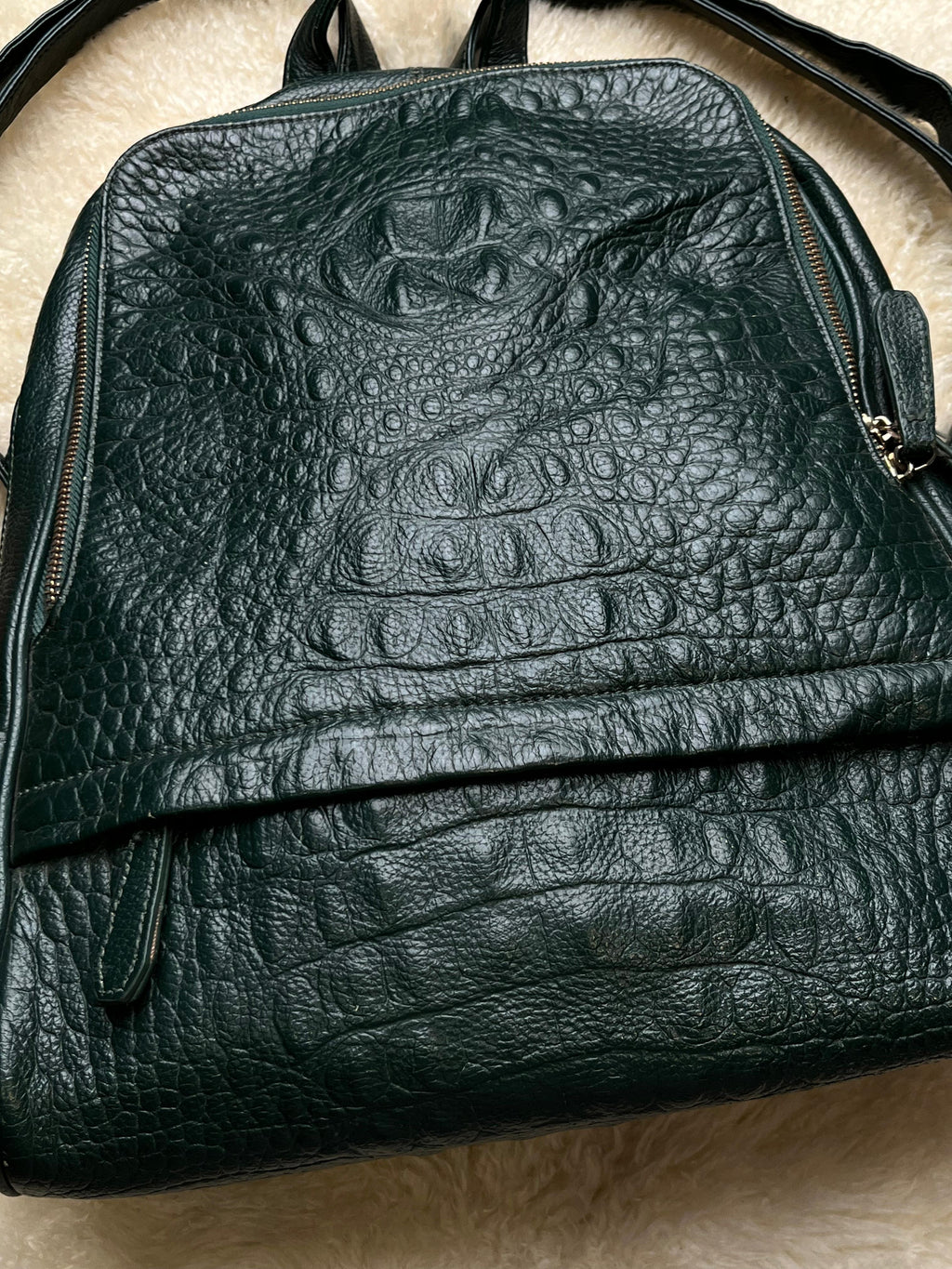 Dark Green Croc Embossed Leather Backpack Purse Emerald Crocodile Hornback Bag