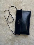 Vintage 90s Minimalist Navy Blue Leather Flap Shoulder Bag Crossbody Clutch Metal Ring