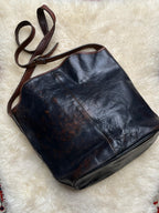 Vintage Two Tone Leather Bucket Bag Black Brown Ring Flap Crossbody Purse