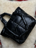 Black Quilted Puffer Tote Bag Large Padded Pillow Nylon Shoulder Handbag Purse