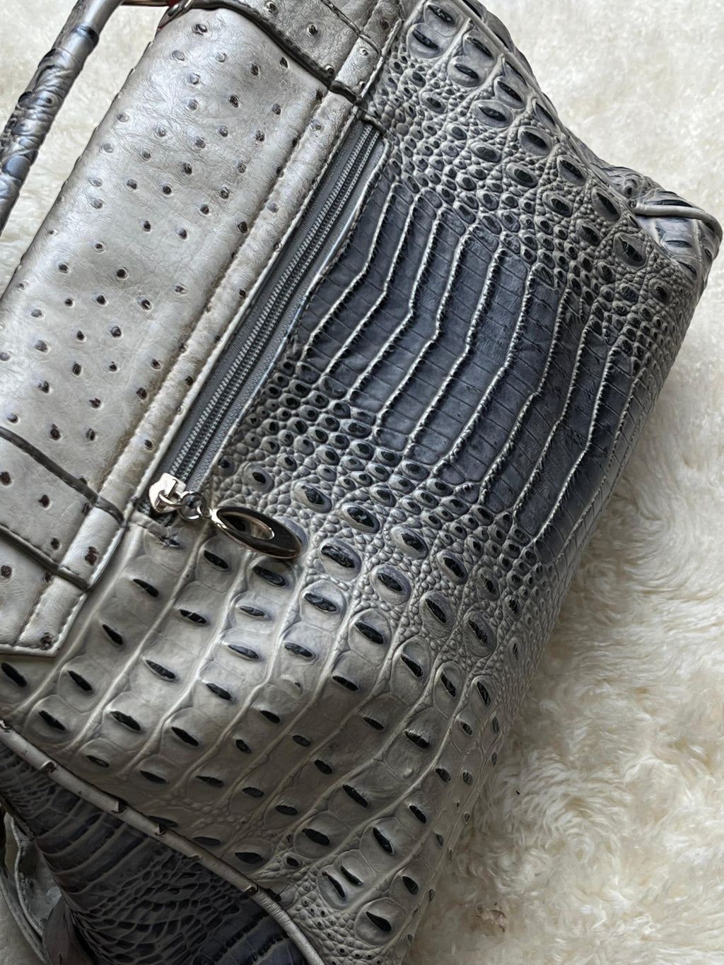 Grey Croc Ostrich Embossed Faux Leather Satchel Studded Flap Crossbody Purse Bag