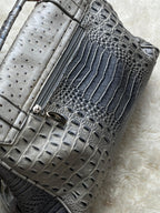 Grey Croc Ostrich Embossed Faux Leather Satchel Studded Flap Crossbody Purse Bag
