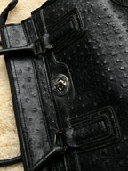 Black Ostrich Embossed Satchel Shoulder Bag Turnlock Hardware Purse Handbag