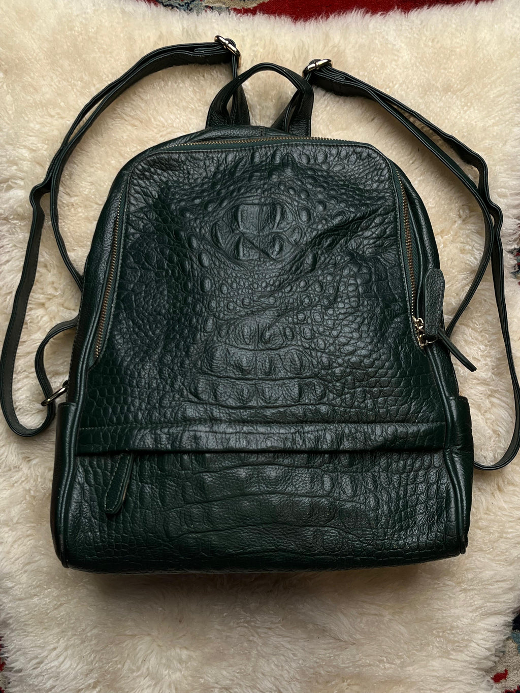 Dark Green Croc Embossed Leather Backpack Purse Emerald Crocodile Hornback Bag