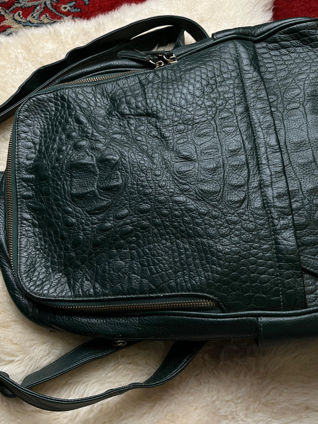 Dark Green Croc Embossed Leather Backpack Purse Emerald Crocodile Hornback Bag