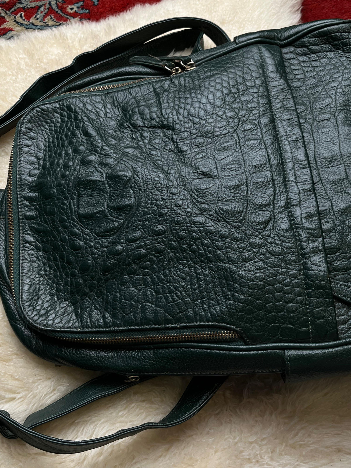 Dark Green Croc Embossed Leather Backpack Purse Emerald Crocodile Hornback Bag