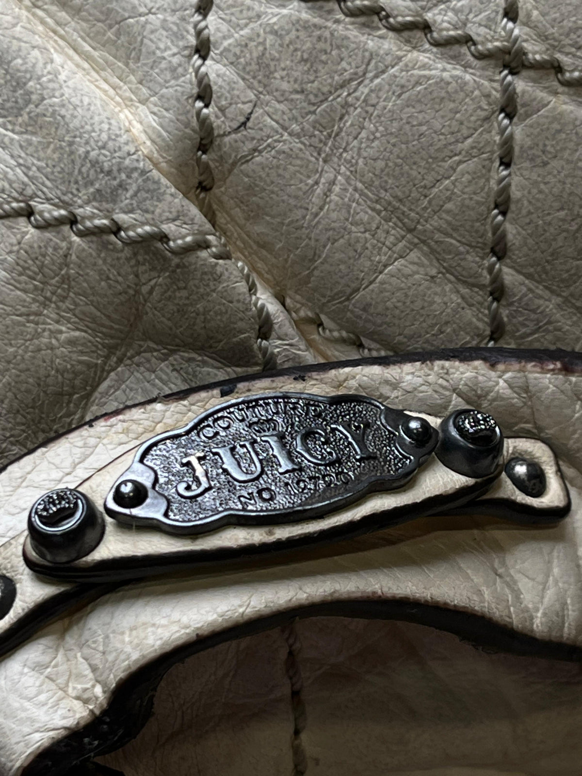 Juicy Couture Vintage Cream Faux Leather Quilted Crescent Hobo Bag Metal logo