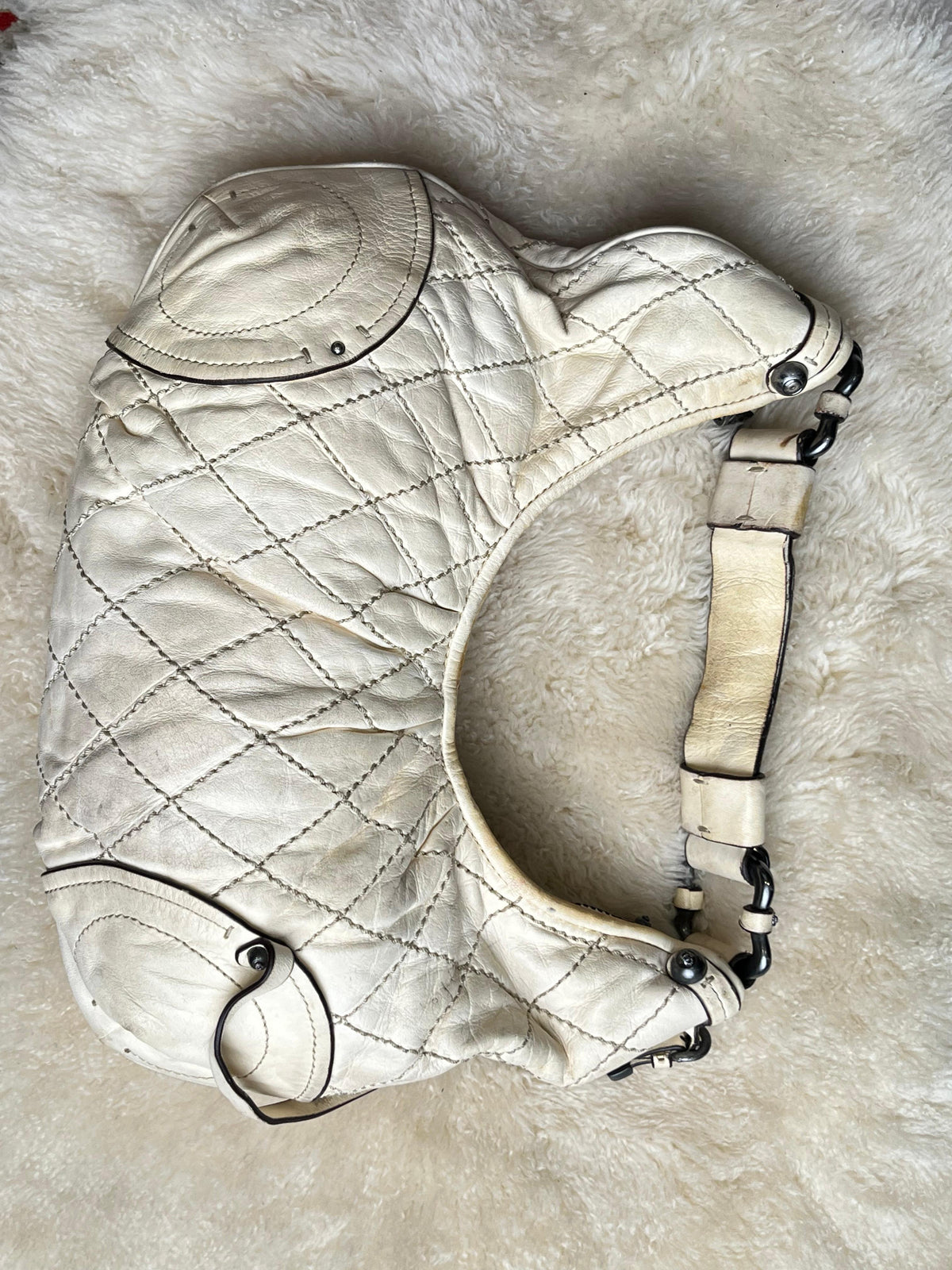 Juicy Couture Vintage Cream Faux Leather Quilted Crescent Hobo Bag Metal logo
