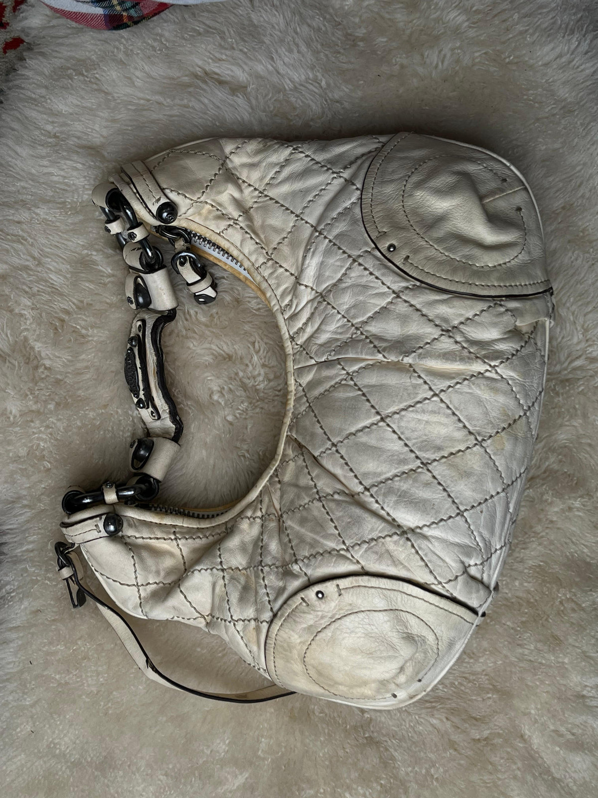 Juicy Couture Vintage Cream Faux Leather Quilted Crescent Hobo Bag Metal logo