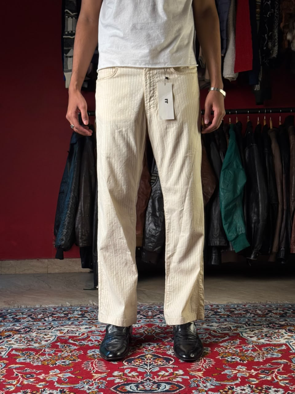 Vintage Versace Jeans Couture Cream Striped Straight FIT Cotton Jeans - 32